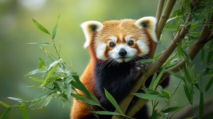 A red panda sits on a branch in a lush green forest, looking directly at the camera with its large, expressive eyes.