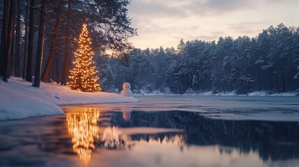 Sunset reflecting off an icy lake in the middle of a snowy forest, with Christmas trees lit in the distance.