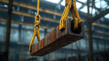 steel beam is lifted by magnet in industrial setting, showcasing power of machinery and ruggedness of metal. scene captures essence of heavy duty work