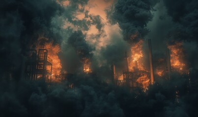 Fototapeta premium Industrial Oil Processing Plant with Massive Tanks and Darkening City Skyline