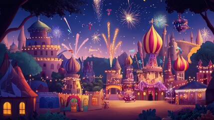 Obraz premium Cartoon illustration of a European carnival with floats and fireworks, with space for celebratory text
