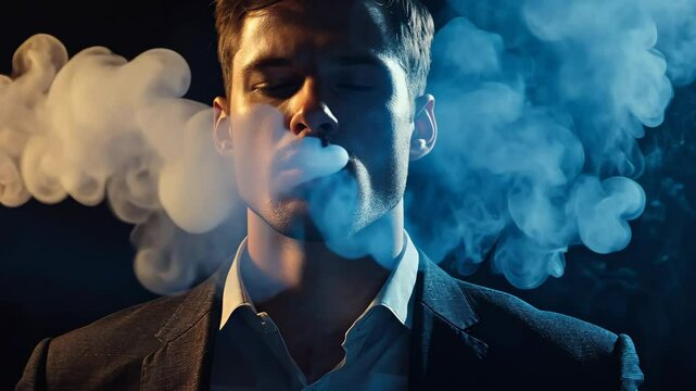 Businessman, suit and smoke in dark studio for corporate fashion, mafia aesthetic and success. Young model, man and smoking to hide face Video