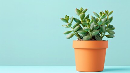 Fototapeta premium A succulent plant in a terracotta pot against a pastel blue background.
