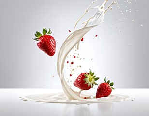 fruit milk strawberry splash isolated berry yogurt food background white falling fresh cream wave ingredient macro liquid design red juicy ripe organic group drink swirl sweet