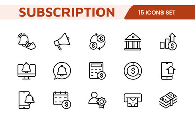 Subscription Services Icon Set. Modern and sleek icons for subscription-based platforms, perfect for enhancing user interfaces, streaming apps, SaaS products, and membership management.
