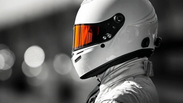 A racer in a white helmet with an orange visor looks to the side during a race