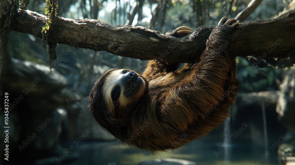 Poster a sloth hanging upside down from a tree branch with its eyes open.