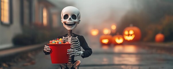 Little skeleton boy holding out his candy bucket in front of a fog-filled street, glowing jack-o-lanterns in the background, Halloween trick-or-treat, spooky fun