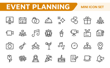 Event Planning Icon Set. Stylish and functional icons for organizers, perfect for scheduling, venue management, and event promotion, ideal for apps, websites, and marketing materials.