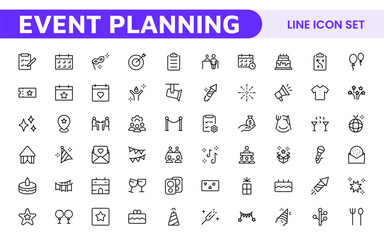 Event Planning Icon Set. Stylish and functional icons for organizers, perfect for scheduling, venue management, and event promotion, ideal for apps, websites, and marketing materials.