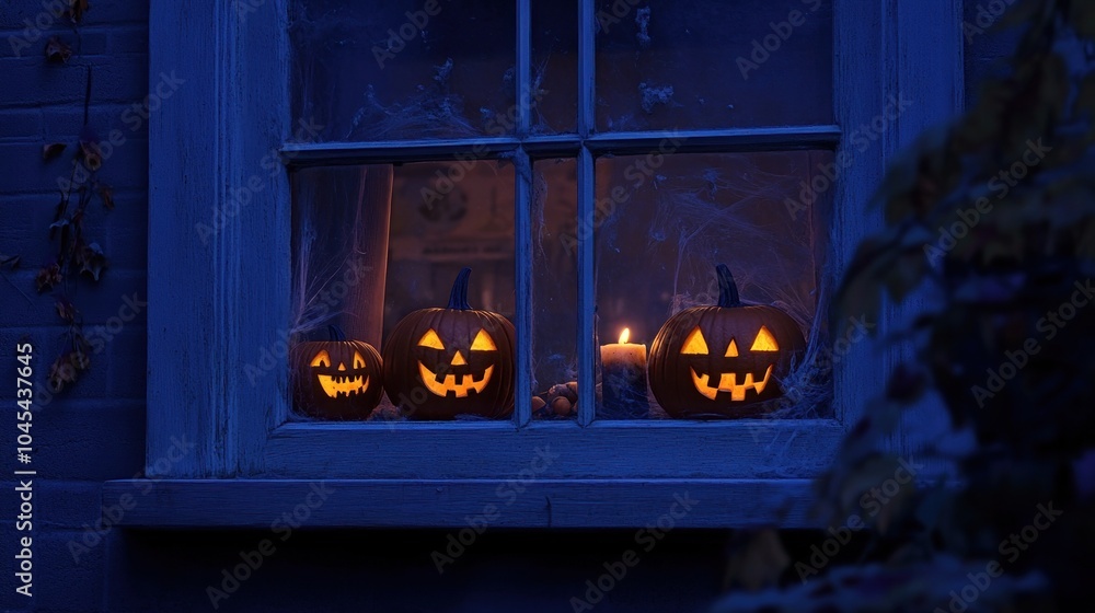 Poster three lit jack-o'-lanterns with a candle inside are visible through a window on a dark night.