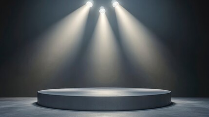 Obraz premium Gray floor podium dramatic empty night room table concrete, Minimalistic black and gray podium with dramatic lighting, empty round gray podium with steps on a background of glowing lamps