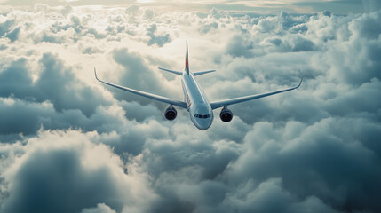  plane flying through thick clouds, creating an atmosphere of height and flight against the backdrop of soft evening light