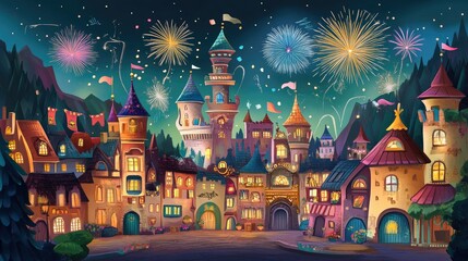 Cartoon illustration of a European festival with vibrant colors and fireworks, with ample copy space