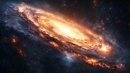 Obraz premium A fiery, swirling spiral galaxy glows with vibrant orange and yellow hues against a backdrop of twinkling stars and dark space.