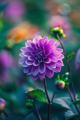Obraz premium A vibrant purple dahlia flower in full bloom with buds in the background.