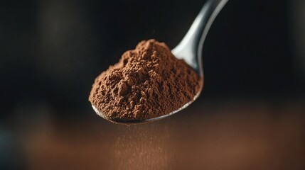 Spoon filled with high-quality cocoa powder, focusing on its fine texture with a softly blurred background