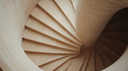 close up view of spiral staircase showcasing its elegant design and smooth curves. light colored stone adds serene and modern touch to architectural feature