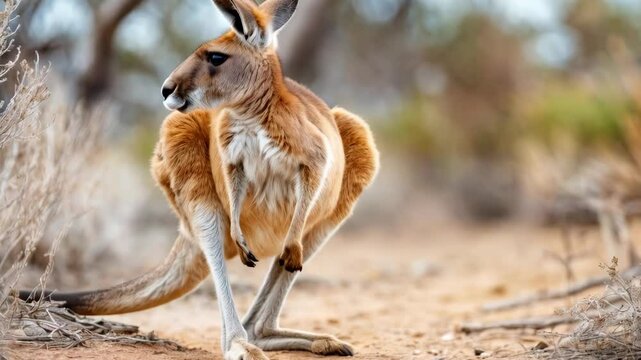 Kangaroo in its natural habitat hopping across outback during a sunny afternoon