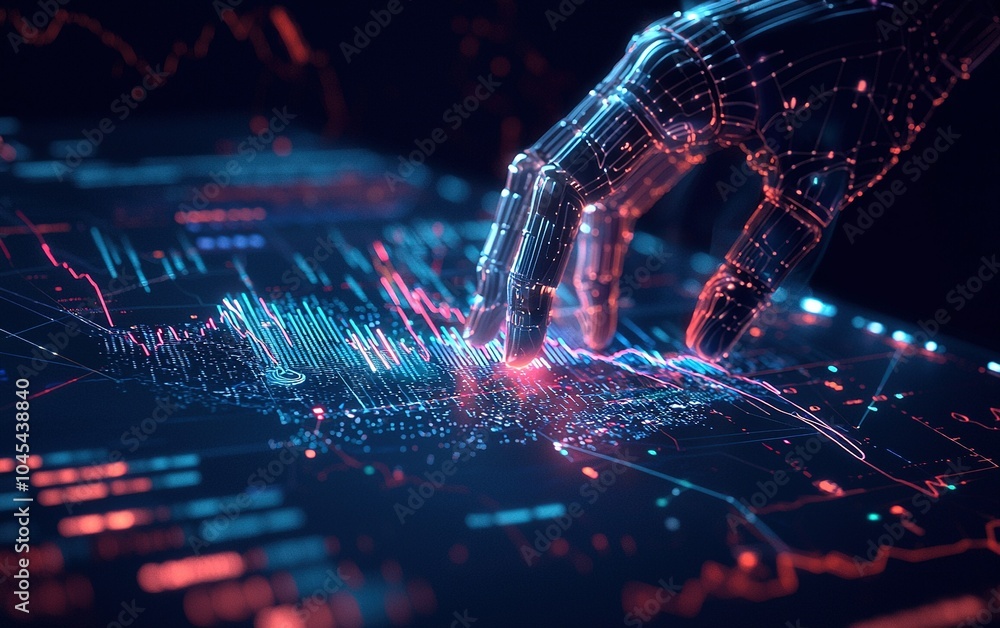 Poster a futuristic robotic hand interacts with a glowing digital interface showcasing data analysis and te