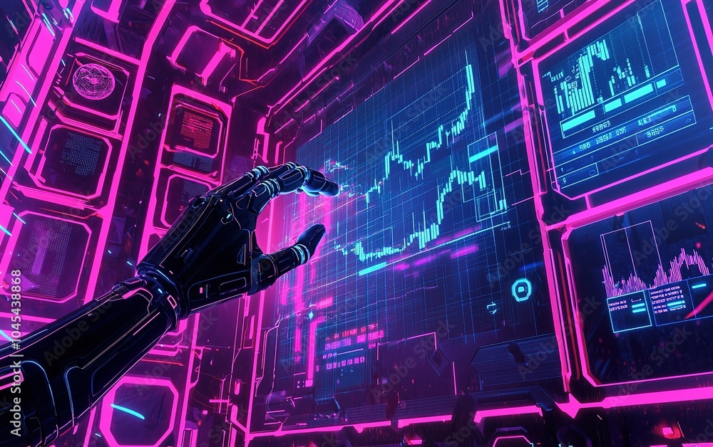 Poster a robotic hand interacting with digital financial data displayed on a futuristic interface at night