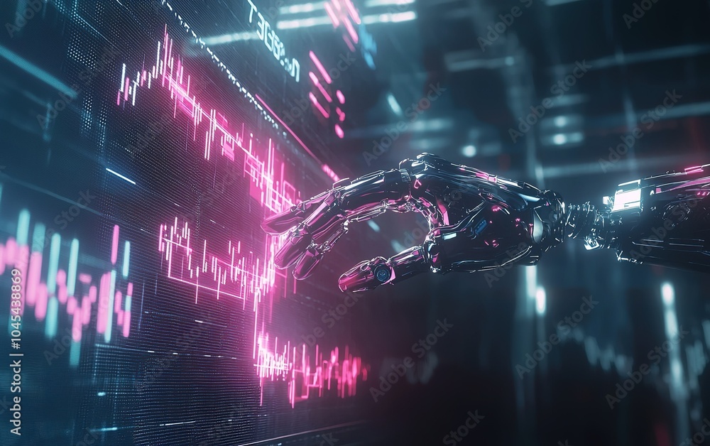 Poster futuristic robotic hand interacting with glowing data visualization in a high-tech environment durin