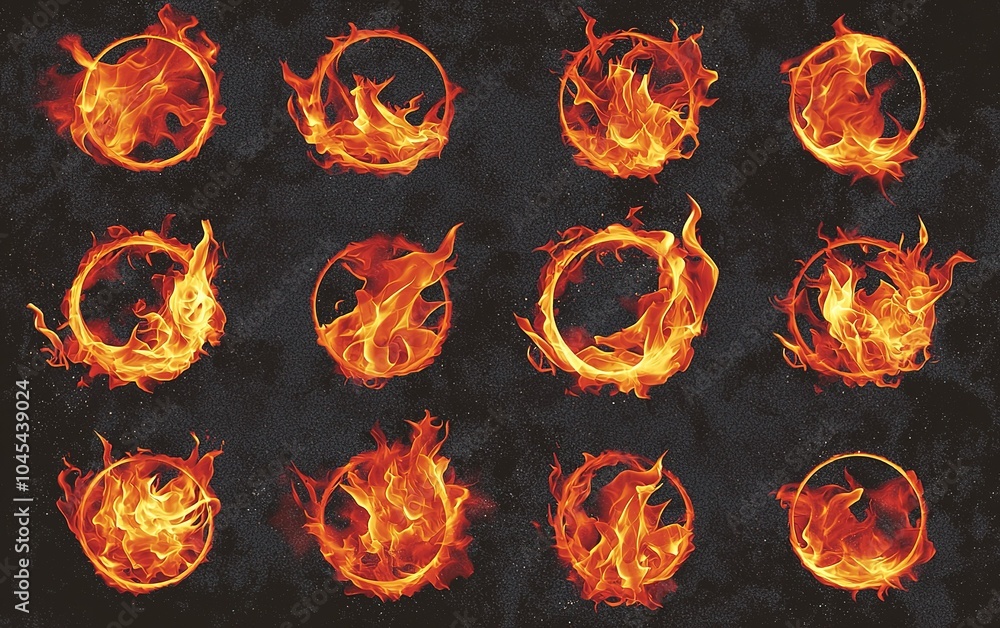 Poster fiery patterns featuring vibrant flames in various circular shapes against a dark textured backgroun