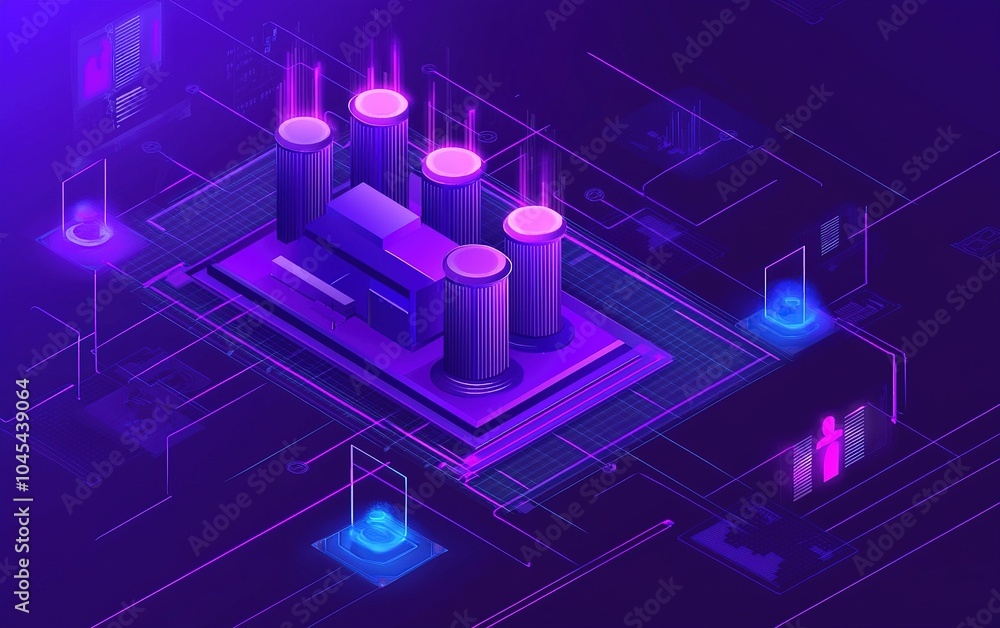 Poster futuristic digital landscape featuring a vibrant data center with glowing nodes and interconnected e