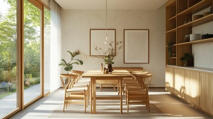 Stylish dining area showcasing Scandinavian mid-century modern design, with clean lines, wooden furniture, and a minimalist aesthetic.