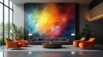 There is an abstract painting, a gray sofa, two orange armchairs, as well as a coffee table and large windows in the living room.