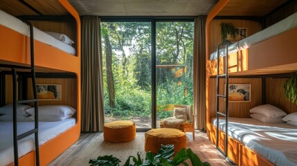 Fototapeta premium Stylish dormitory room with six orange bunks, white bed linens, and a comfortable seating area, surrounded by greenery outside.
