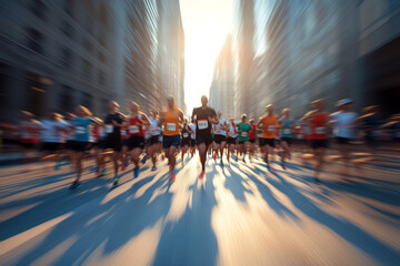 Group of people running in a city marathon, diverse participants, urban backdrop, race energy, motion blur.