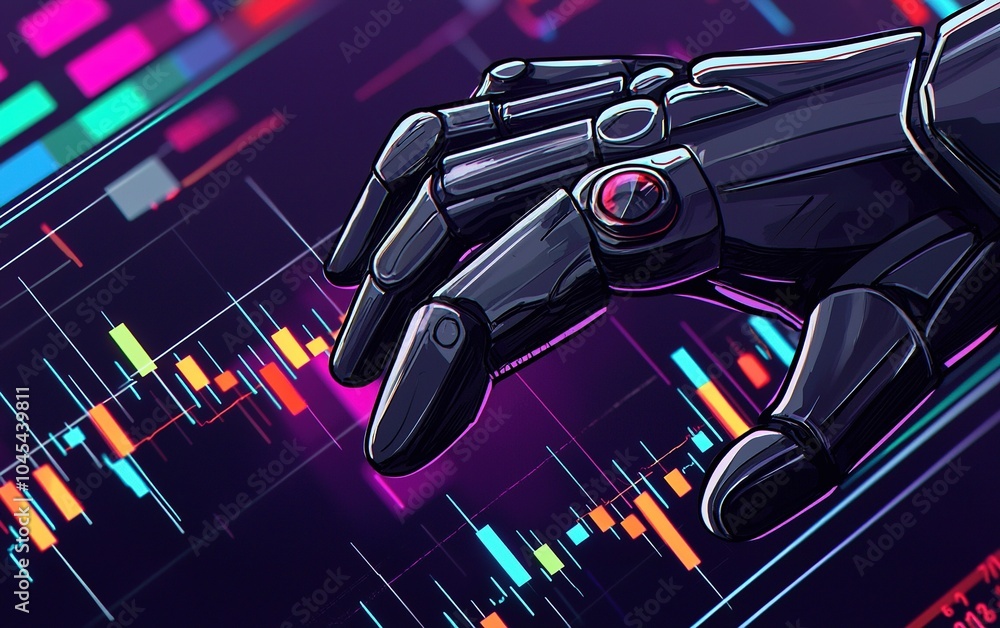 Poster a futuristic robotic hand interacts with financial graphs displaying market trends and data analysis