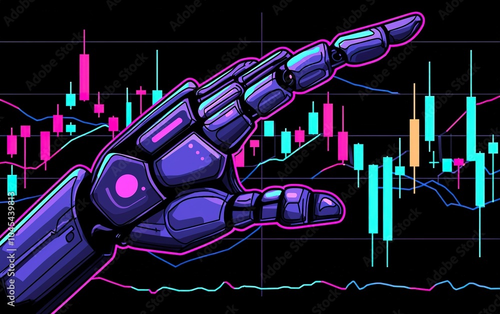 Aufkleber robotic hand interacting with market data visualization in a digital trading environment