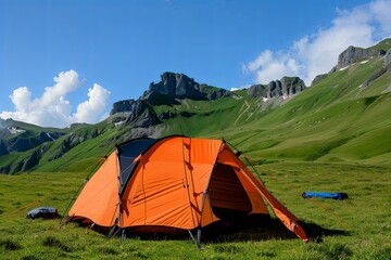 An orange tent pitched in a grassy field with mountains in the background.