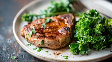 Grilled pork chop with fresh greens on rustic plate - gourmet meal presentation,carnivore diet