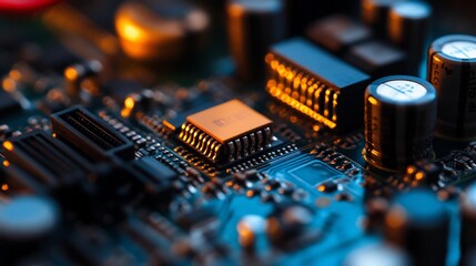 Close-up of a circuit board with a processor chip in the center, illuminated with warm light.