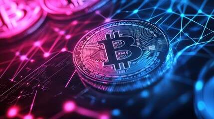 Techy background of Bitcoin blockchain with a futuristic grid of secure transactions and bright digital light.