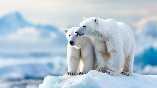 Two polar bears playfully interact on an ice floe as the sun sets over a serene landscape