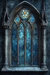 Naklejka premium Captivating gothic stained glass window design featuring intricate details and vibrant colors in a dark setting