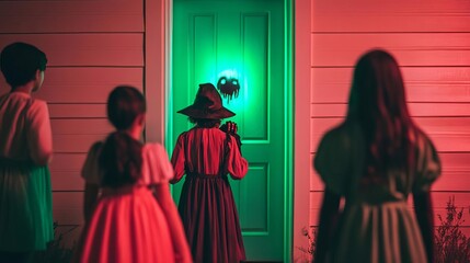 Trick-or-treaters dressed as horror movie icons, knocking on a haunted house door with eerie green light, Halloween trick-or-treat, horror fun