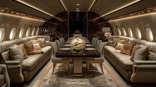 Luxurious dining area in a private jet with a long table set for a formal dinner, plush seating, and elegant decor.