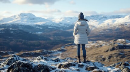 Obraz premium A woman stands on a snowy mountain ledge, gazing at the vast winter landscape. Nature unfolds beyond her, a serene escape in white and blue.