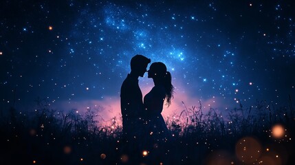 Obraz premium A couple under a starry sky in a field.