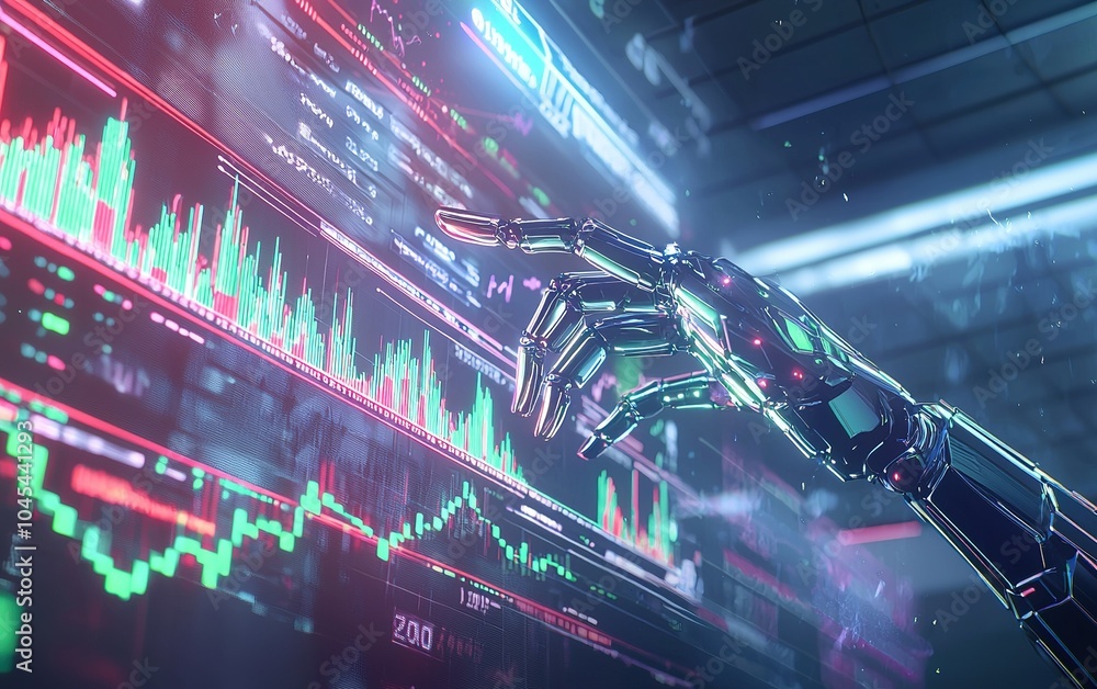 Poster a metallic robotic hand interacts with digital stock market data on a vibrant screen in a high-tech 