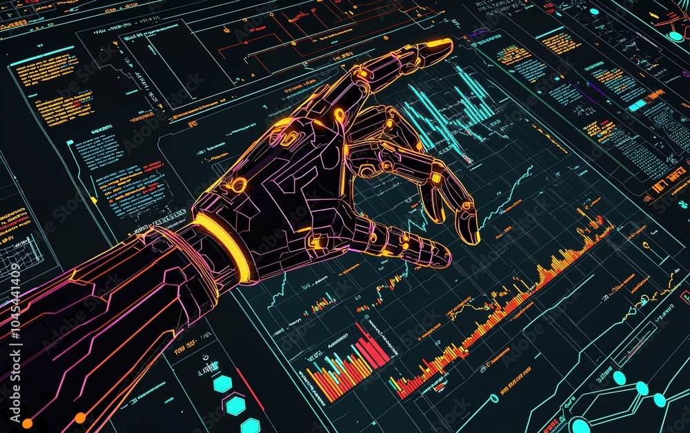 Poster futuristic robotic hand interacting with a digital interface displaying complex data and analytics i