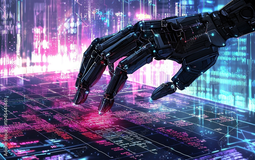 Poster a robotic hand interacting with glowing data displays in a futuristic digital environment at night