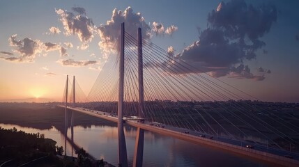 Fototapeta premium Modern 3D Suspension Bridge at Sunset with Wide Angle View