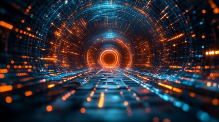 Fototapeta premium The atoms are glowing orange and blue on a dark background, with particles dotted through the model.