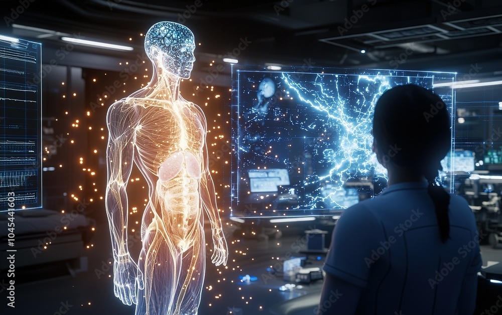 Poster a scientist studies a holographic human anatomy model illuminated in a laboratory setting with advan